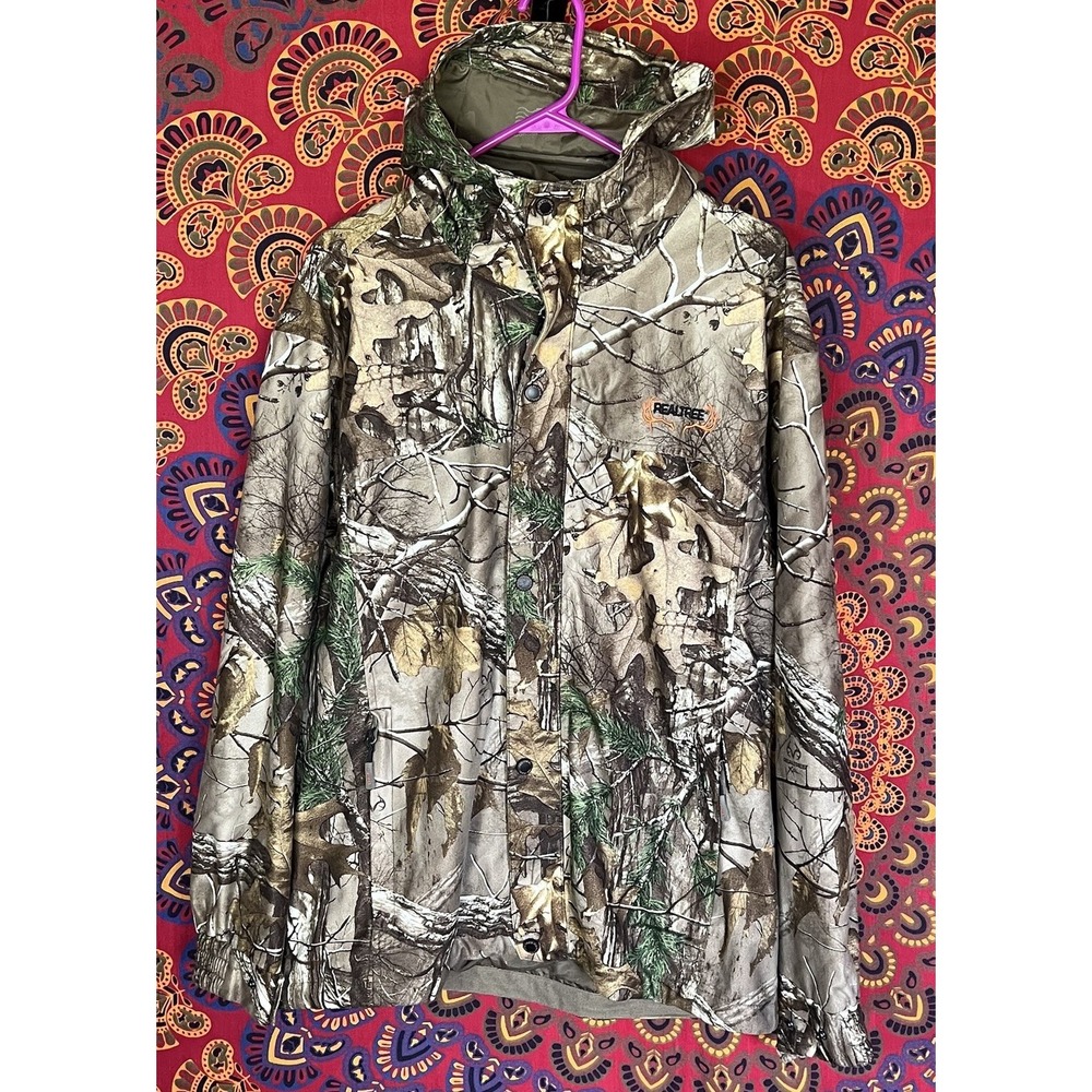 RealTree Xtra Camo Hooded Jacket Mens LARGE Zip UP Hunting POCKETS‎ Snaps Lined